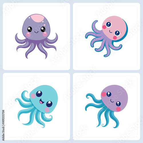 Playful, Vibrant Quartet of Cartoon Octopuses for Creative Projects