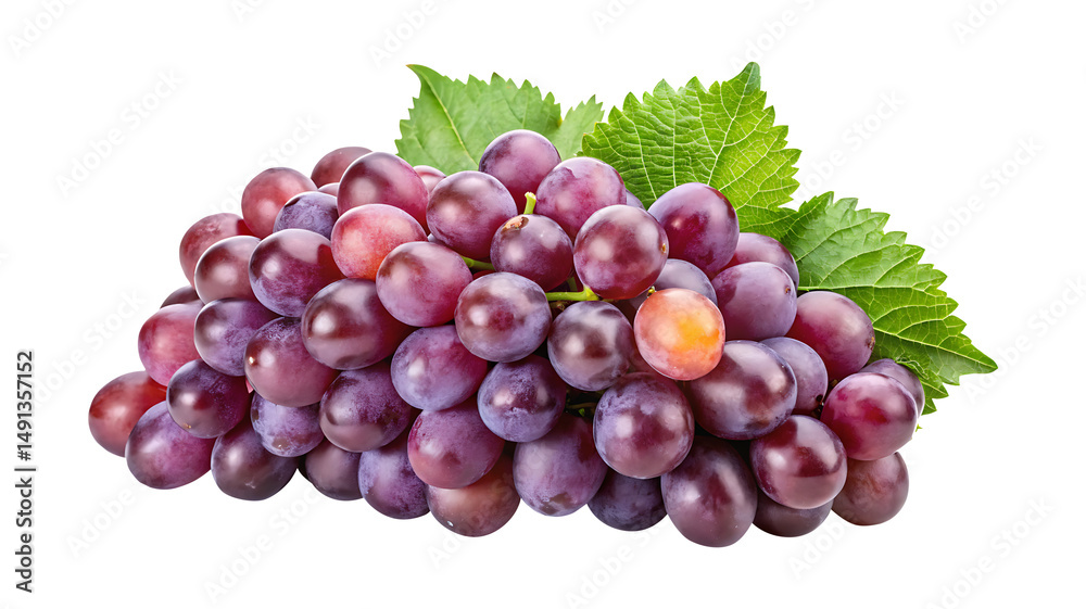 Fototapeta premium Beautiful bunch of ripe red grapes with fresh green leaves on display