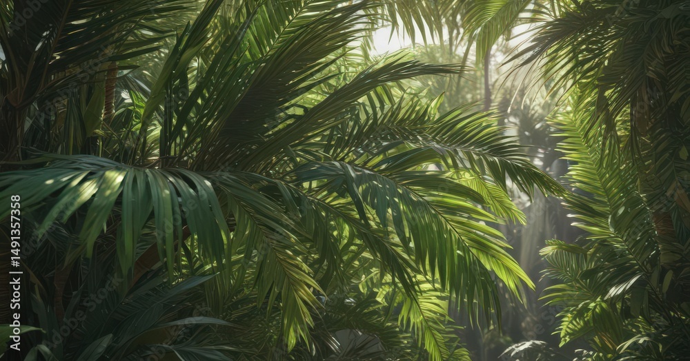 Fototapeta premium Intricate palm fronds, vibrant greens, sunlight dappled shadows , background, tropical atmosphere