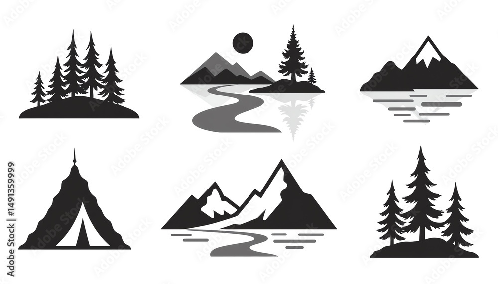 Obraz premium Stylized outdoor mountain and forest illustrations.