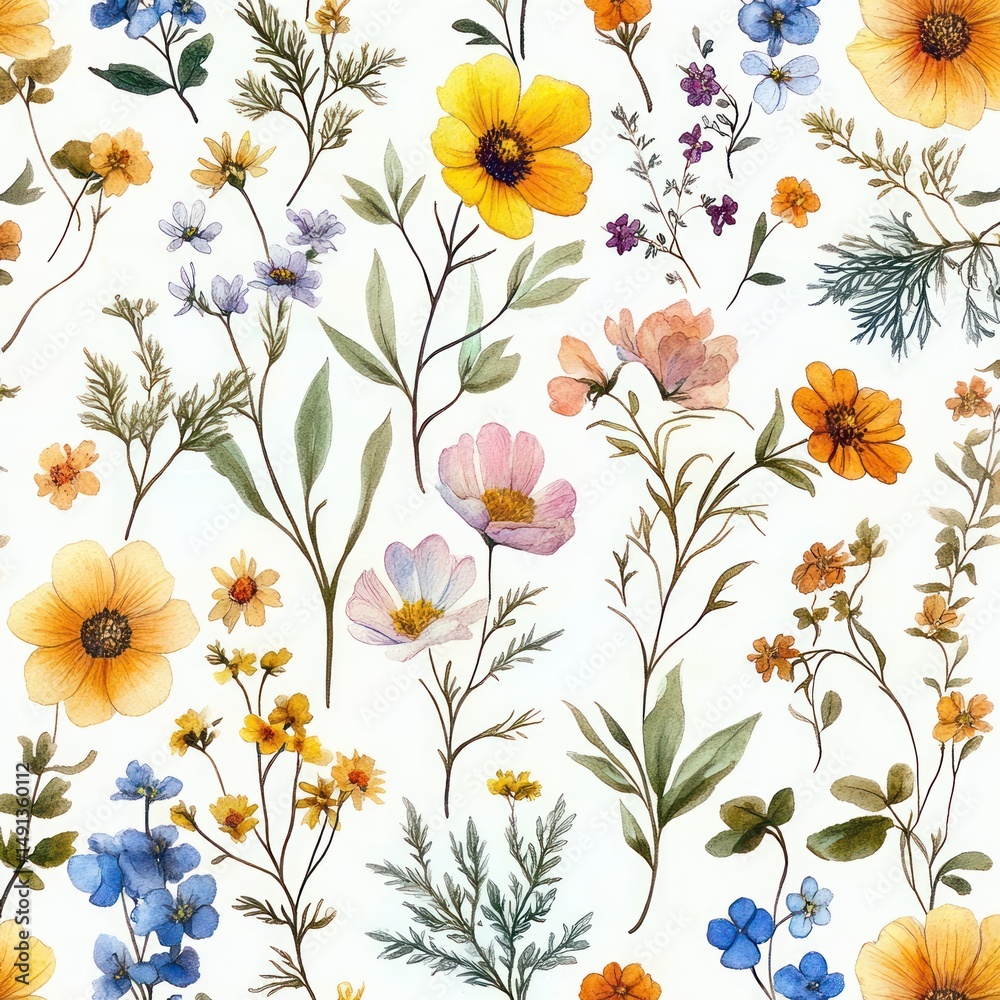Seamless pattern of various delicate wildflowers and green leaves on a white background, featuring yellow, blue, pink, and orange blossoms Seamless pattern of various delicate wildflowers and green leaves on a white background, featuring yellow, blue, pink, and orange blossoms