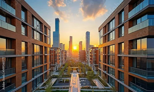 Elevated view of urban residential buildings at sunset