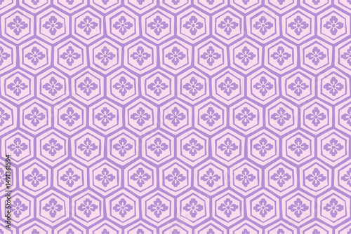 Hand drawn Japanese style flower turtle shell pattern background, Cute Japanese pattern wallpaper, Seamless vector material/手描きの花亀甲パターンの背景、かわいい日本の和柄模様