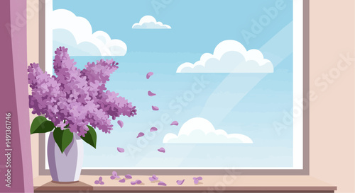 Lilac flowers in vase on windowsill with blue sky and clouds  