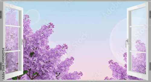 Open window view of lilac flowers against pastel sky background