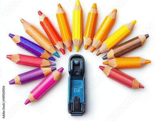 Colorful sharpened pencils arranged in a semicircle around a black and blue pencil sharpener on a white background, evoking creativity and art photo