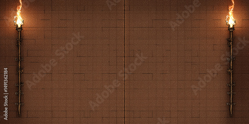 Two burning torches illuminating empty brick wall background
