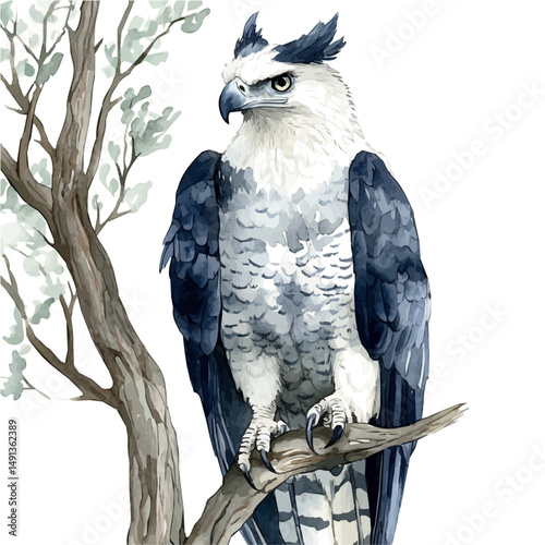Harpy Eagle Perched On A Tall Tree, watercolor illustration vector, high quality, isolated on a white background.