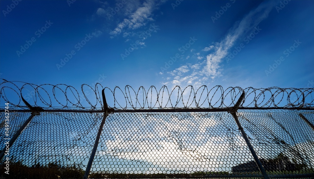 chain link fence with barbed wire providing security under blue sky chain link fence with barbed wire providing security under blue sky