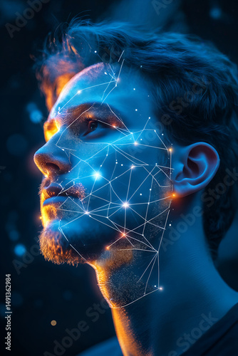 Digital face scan of young white man with glowing poligonal net, facial recognition, concept of technology and identification.