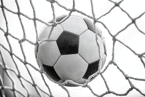 Black and white soccer ball caught in a white goal net symbolizing scoring a goal and success in soccer