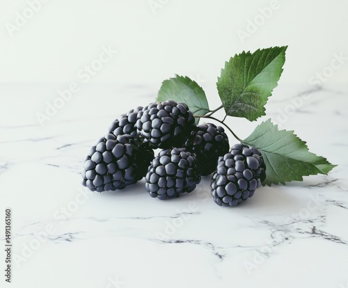 Ripe blackberries with green leaves on marble