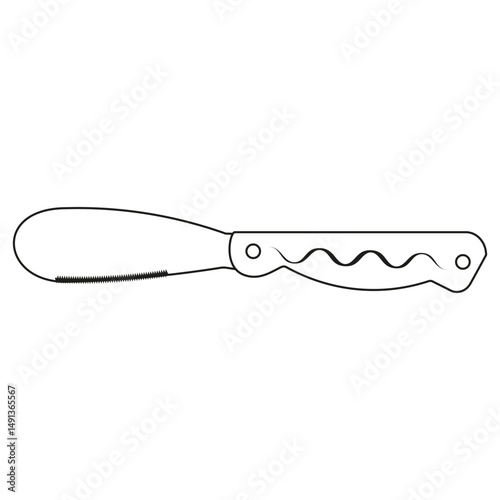 Small butter knife. Rounded flat blade. Partial serration visible. Curved wooden grip.