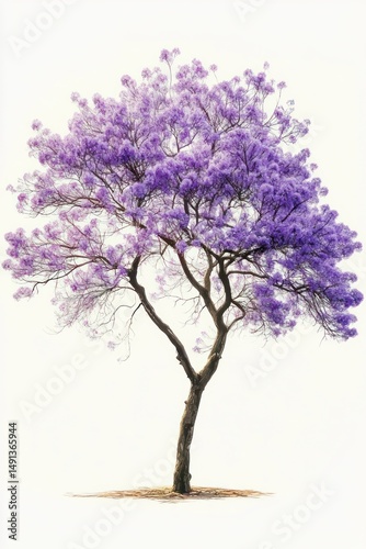 Solitary tree with delicate purple blossoms standing against a clear, pale background conveying tranquility and natural beauty