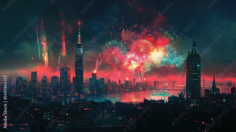 Fototapeta premium Fireworks over a city skyline at night