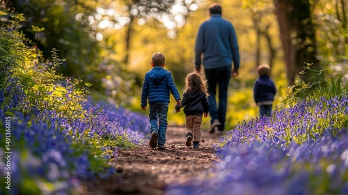Wallpaper Mural Family strolls along a path, surrounded by vibrant bluebells in a sun-drenched forest Torontodigital.ca