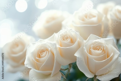 Close-up of delicate white roses with soft petals and gentle lighting creating a peaceful and elegant atmosphere