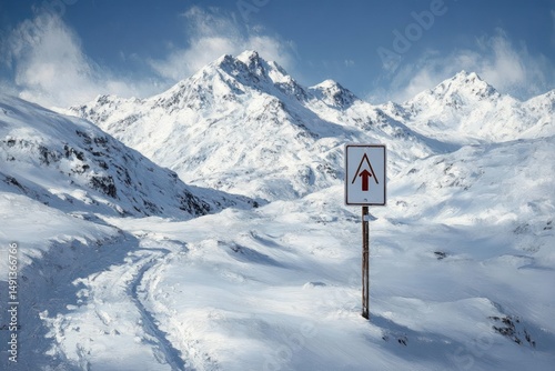 Snow-covered mountain landscape with a narrow snow-packed path and a forward direction road sign under a clear blue sky