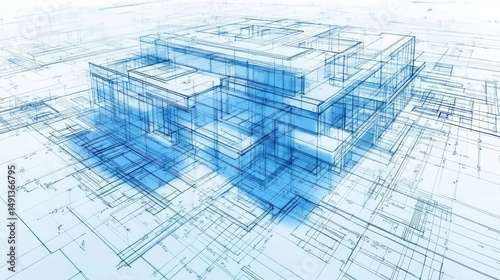 3D architectural blueprint rendering of a modern multi-level building showing detailed structural plans and transparent wireframe design