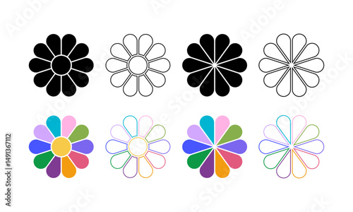 Set of flower silhouettes with 10 petals and core. Chamomile or gerbera shapes. Floral pie charts divided on ten equal leaf-shaped parts isolated on white background. Vector illustration.