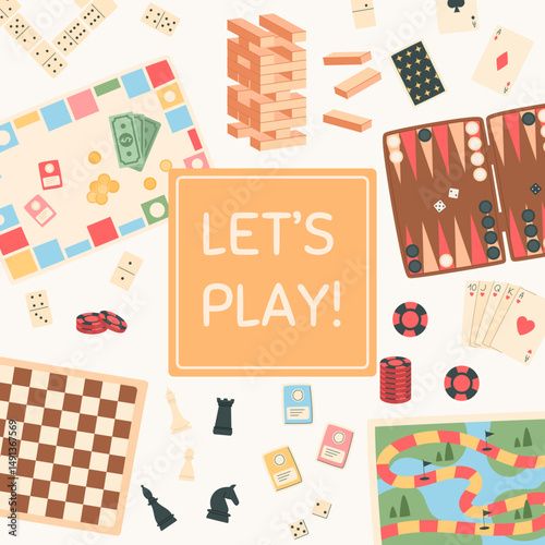 Flat style boardgame banner. Social design with chess, jenga, cards, backgammon, and puzzle pieces. Media concept for fun table play and entertainment activity.
