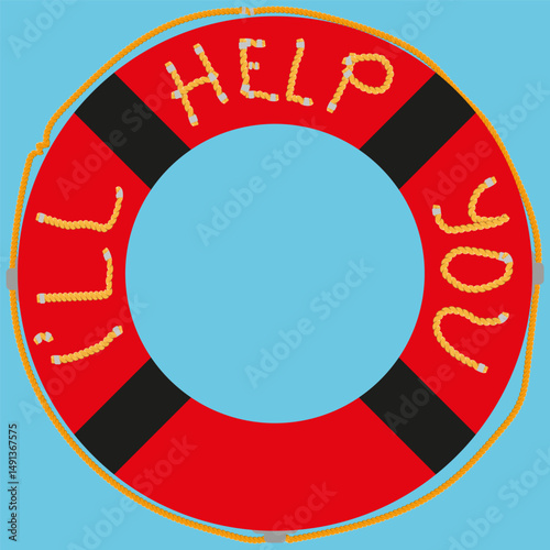 Red rescue ring. Lifebuoy with rope. Text says help. Message for saving.