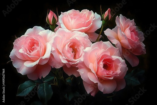 Delicate cluster of soft pink roses in full bloom against a dark background evoking elegance and gentle beauty