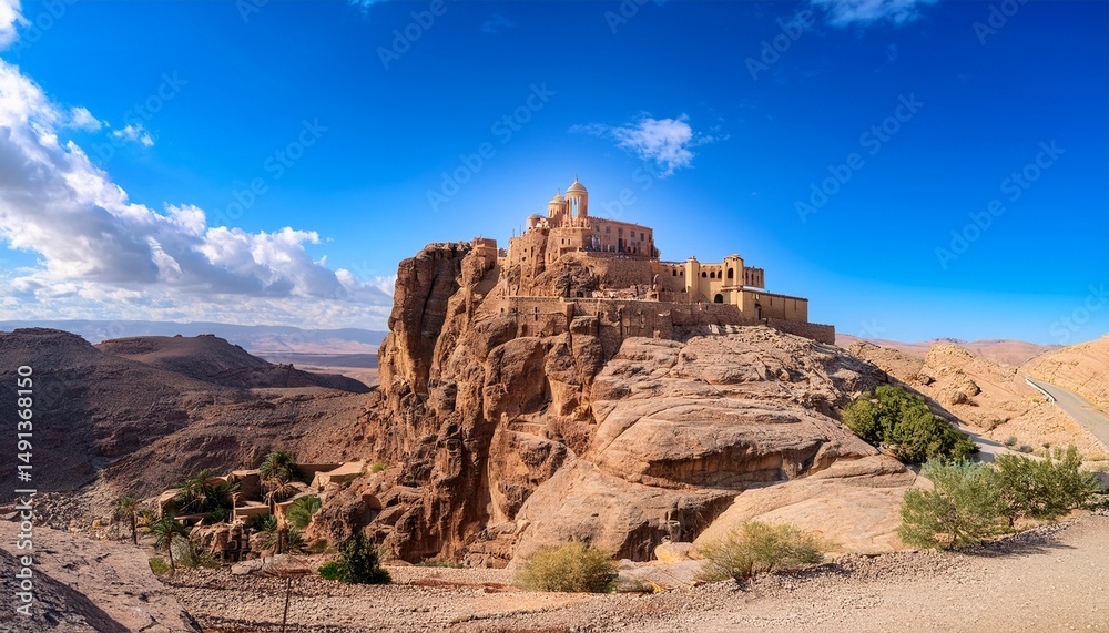 Fototapeta premium the monastery rising on a rocky mountain in the desert under a blue sky