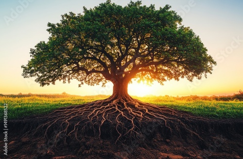 Majestic Oak Tree at Sunset Golden Hour Landscape