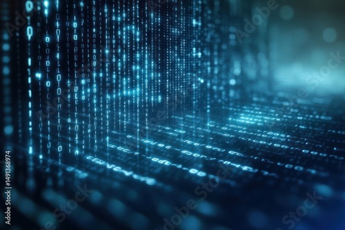 Glowing blue digital binary code cascading in vertical streams with reflective horizontal layers creating a futuristic data matrix environment