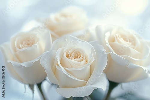 Close-up view of a delicate bouquet of creamy white roses with soft lighting highlighting their gentle petals and elegant texture