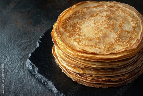 Stack of golden brown thin pancakes on a dark slate serving board with textured background