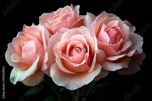 Close-up view of three delicate light pink roses with soft petals against a dark background conveying beauty and elegance