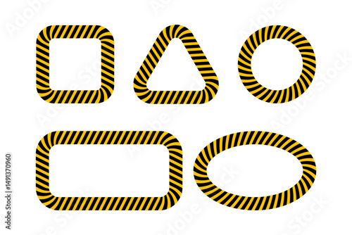 Set of frames with caution tape borders isolated on white background. Attention, accident, stop or safety sign. Forbidden, restricted or warning banners. Vector flat illustration.
