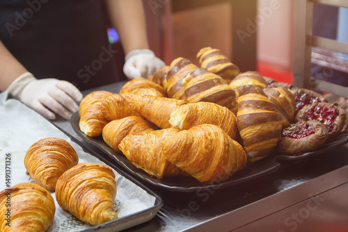 Принти на полотні Fresh croissants on counter at bakery