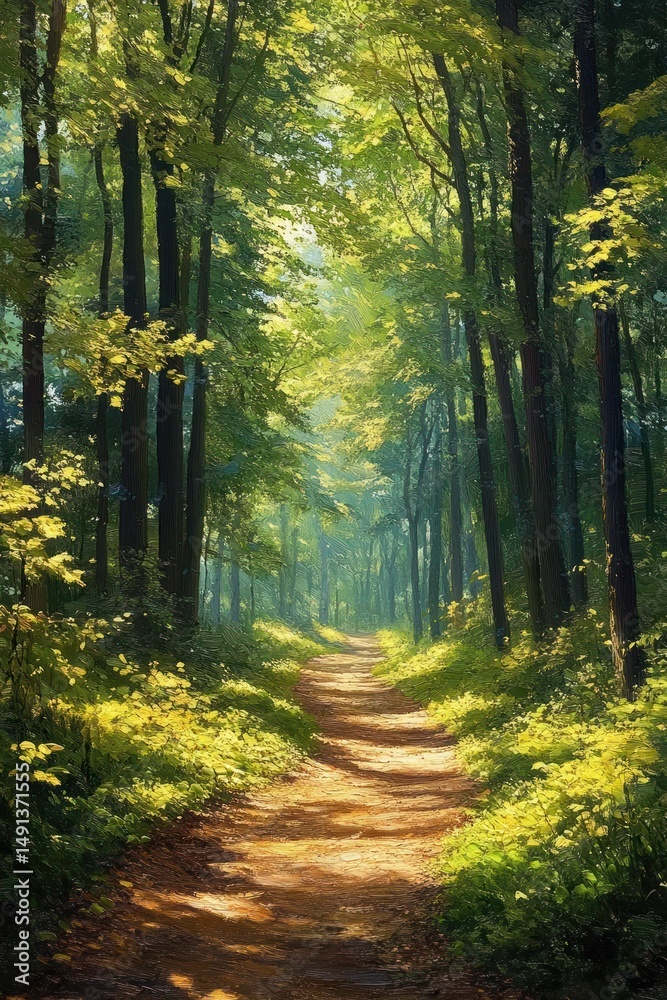 Fototapeta premium Sunlit forest path surrounded by tall green trees and lush undergrowth, creating a serene and inviting natural atmosphere