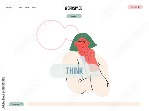 Thinking people, modern flat vector concept illustration- woman standing thoughtfully, looking sideways, bubble near head Metaphor for reflection, analysis, introspection, contemplation, deep thought