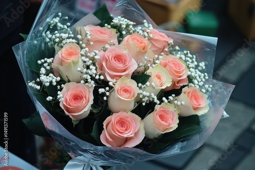 Bouquet of soft pink roses with delicate white baby's breath flowers wrapped in clear plastic wrapping, evoking a romantic and elegant feeling