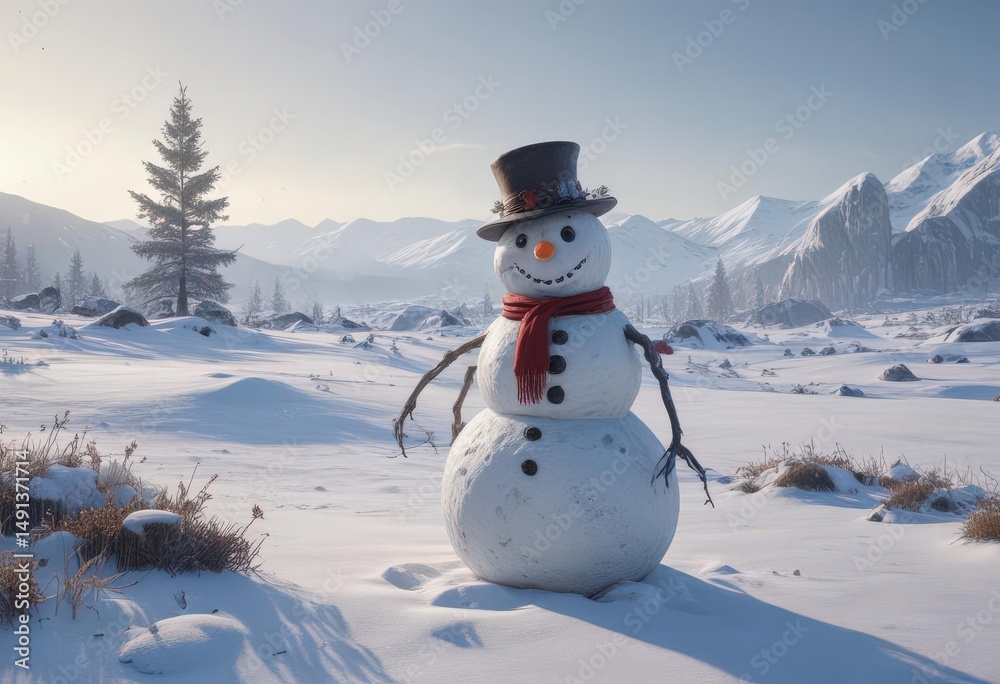 Obraz premium Frosty snowman, winter gear scattered, stark landscape, sled, outdoor, frosty scene