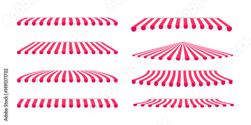 Set of shop awnings. Striped red and white store canopies. Collection of market tents. Cafe sunshade mockups. Circus domes. Kiosk umbrellas isolated on white background. Vector flat illustration.