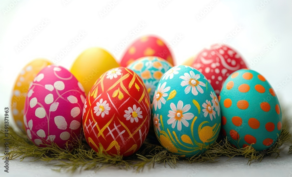 Fototapeta premium Colorful decorative eggs with floral and geometric patterns arranged on green pine needles on a white background
