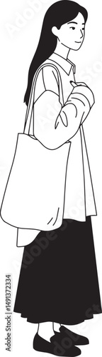 Line art illustration of a woman with a tote bag