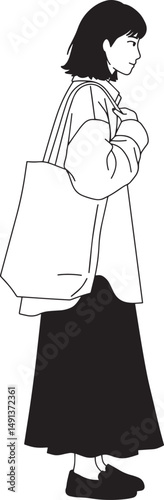 Line art illustration of a woman with a tote bag