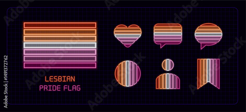 Lesbian pride flag icon set, neon glow visuals. Pride month flag, sexual orientation theme.