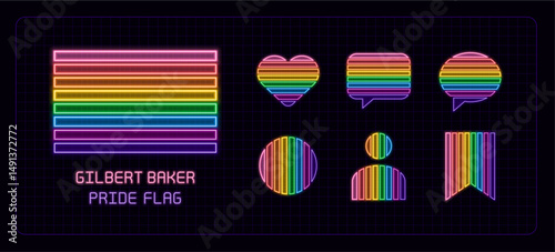 Gilbert baker pride flag icon set, neon glow visuals. Pride month, gender and sexual orientation diversity theme.