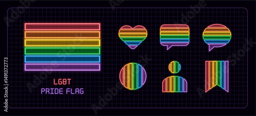 Original LGBT pride flag icon set, neon glow visuals. Pride month, gender and sexual orientation diversity theme.