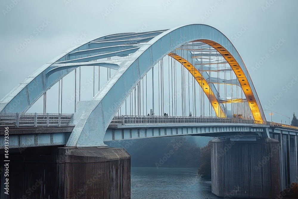 Fototapeta premium Large steel arch bridge over calm river under cloudy sky with subtle warm lighting on one side