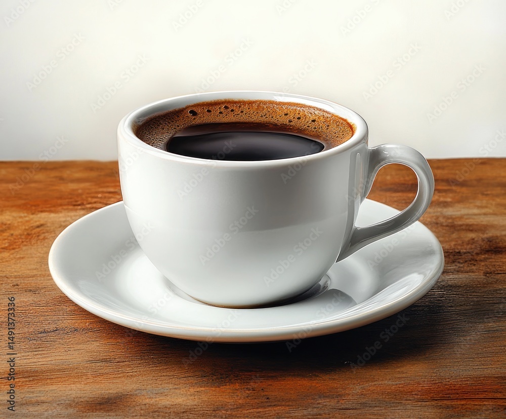 Fototapeta premium White ceramic cup filled with black coffee on a matching saucer on a wooden surface with a plain light background