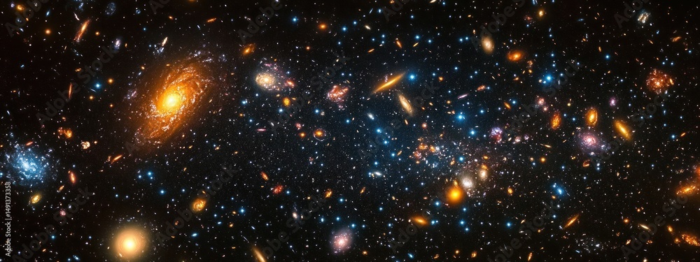 Obraz premium Wide view of a vast, colorful galaxy cluster with numerous galaxies and stars scattered in the dark expanse of deep space, evoking awe and wonder