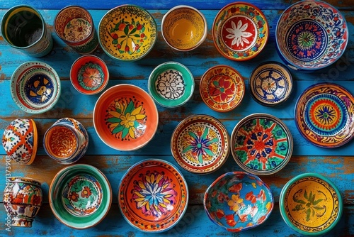 Colorful hand-painted ceramic bowls and containers arranged on a rustic blue wooden surface showcasing intricate floral and geometric patterns
